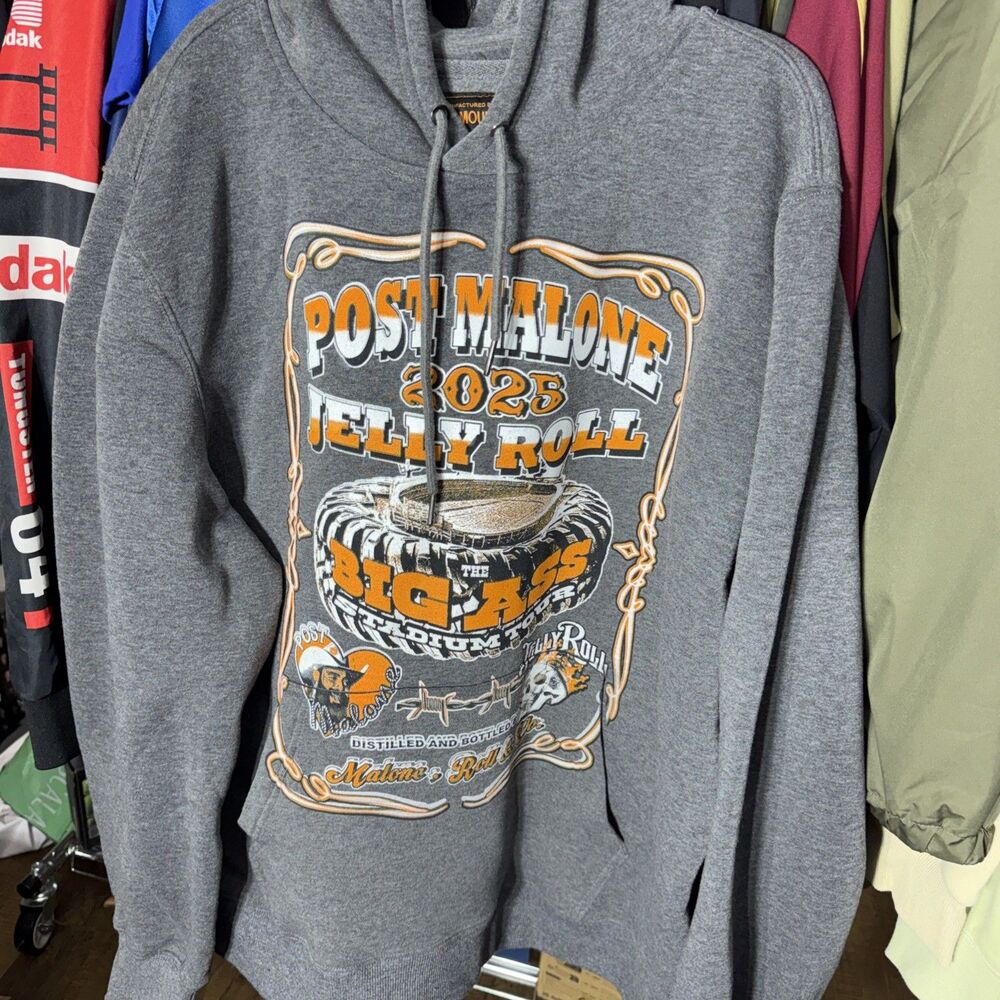 Post Malone Jelly Roll Hoodie Mens XL Gray Big Ass Tour Graphic Stone Mountain